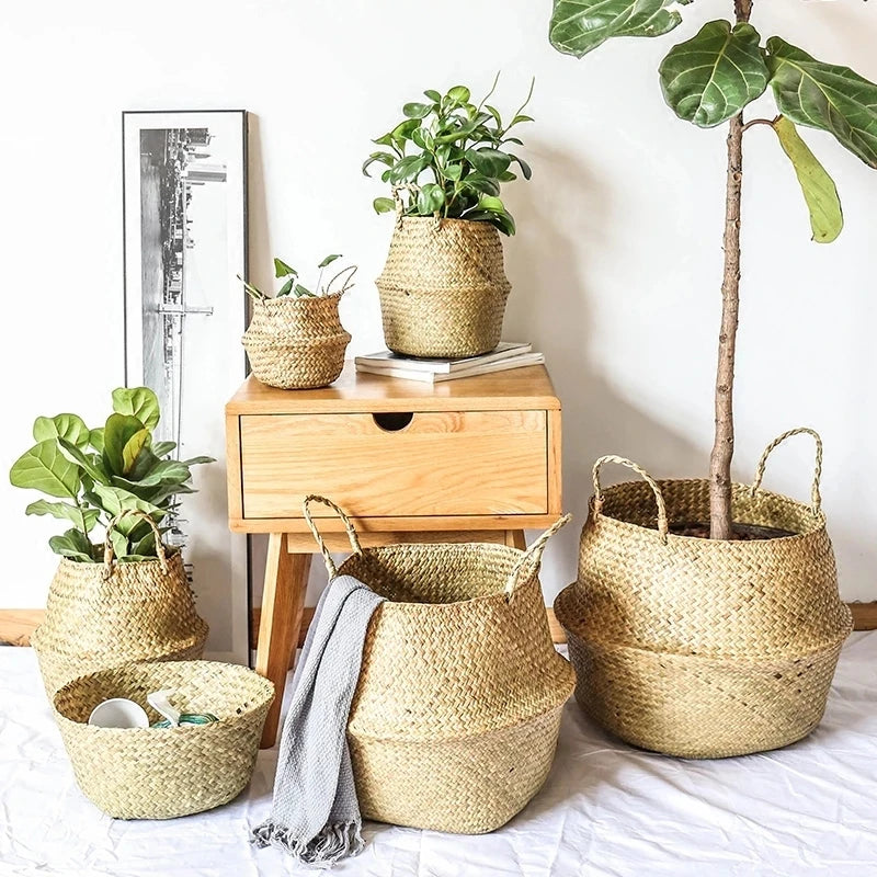 Boho Seagrass Basket Planter – Wicker Storage Basket