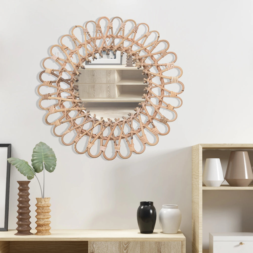 Boho Rattan Sunflower Wall Mirror | 16" Circular Hanging Mirror