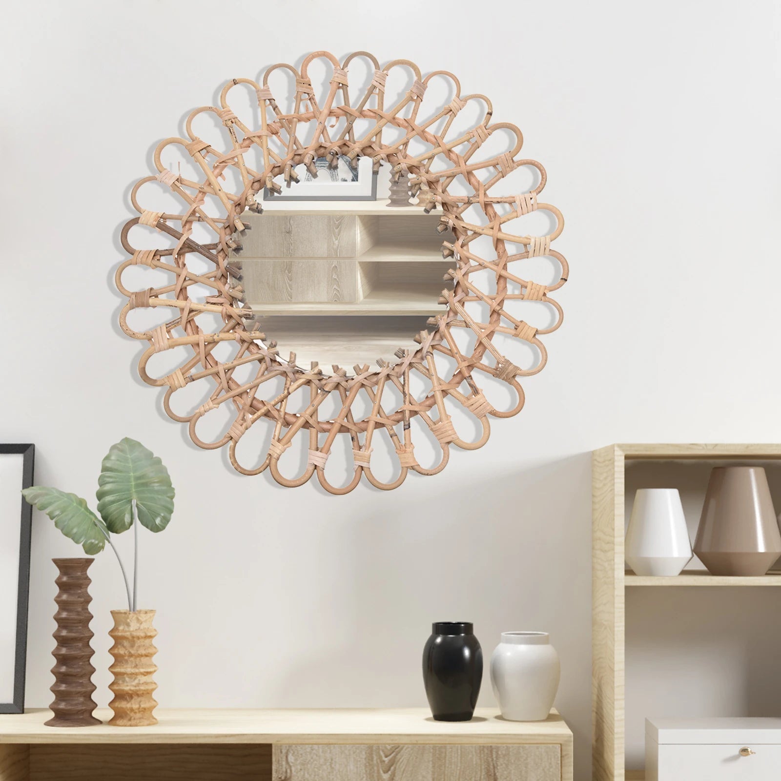 Boho Rattan Sunflower Wall Mirror | 16" Circular Hanging Mirror