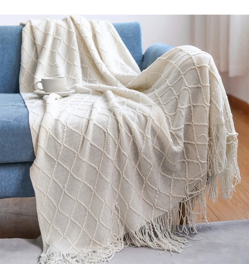 Nordic Knitted Throw Blanket with Tassels | Boho Home Decor