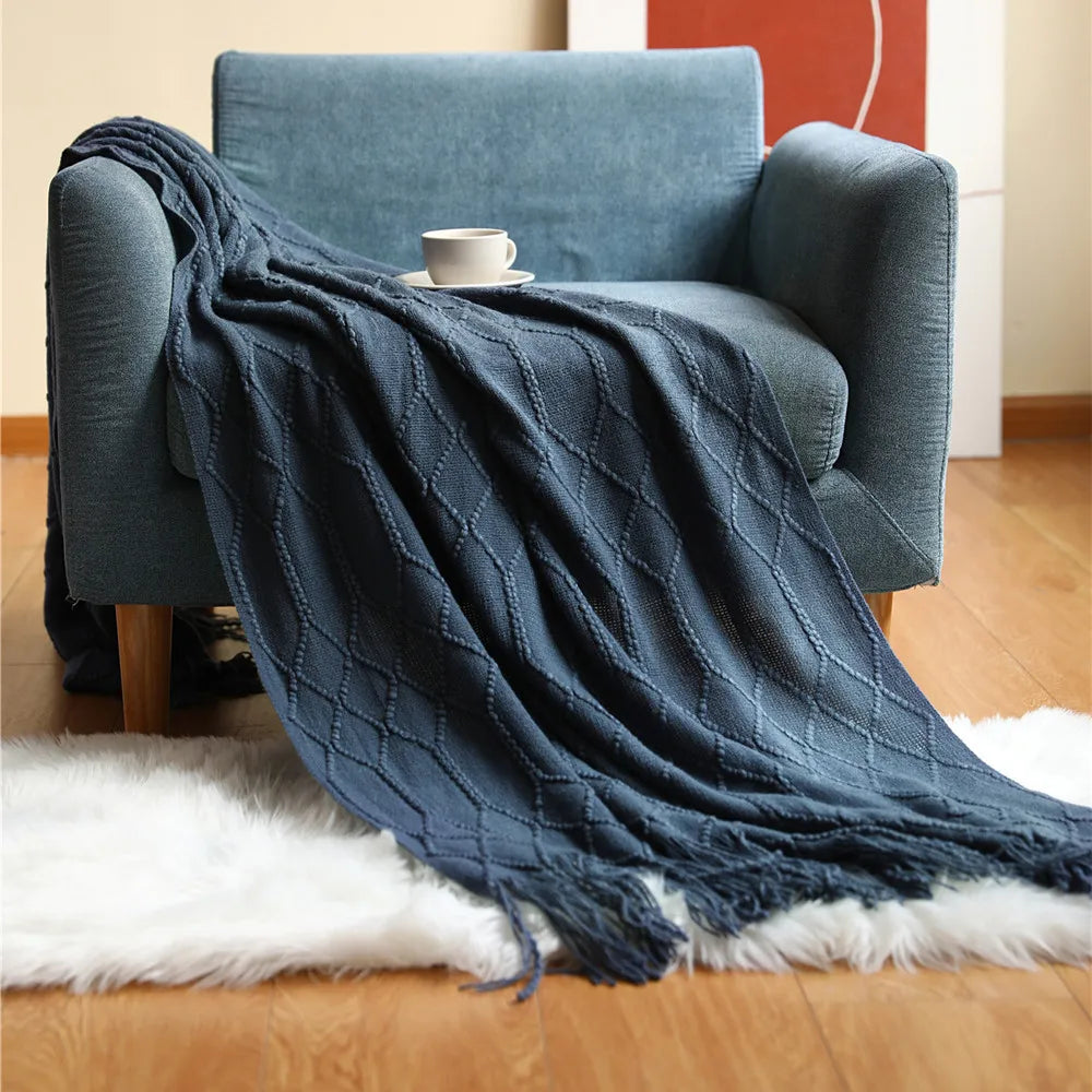 Nordic Knitted Throw Blanket with Tassels | Boho Home Decor