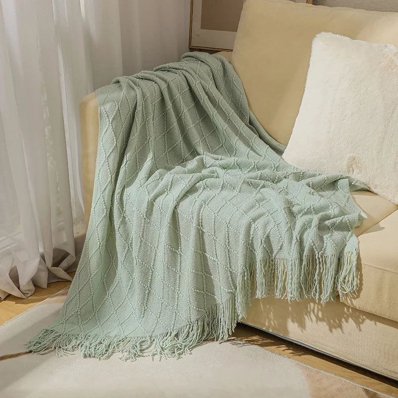 Nordic Knitted Throw Blanket with Tassels | Boho Home Decor