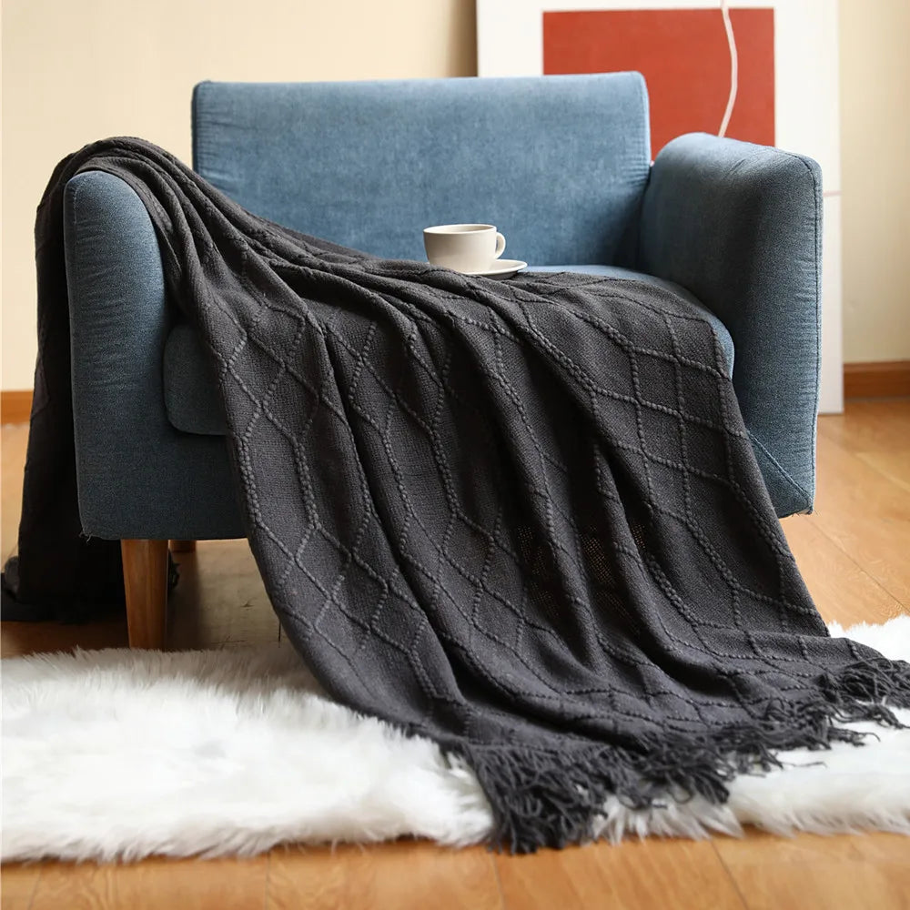 Nordic Knitted Throw Blanket with Tassels | Boho Home Decor