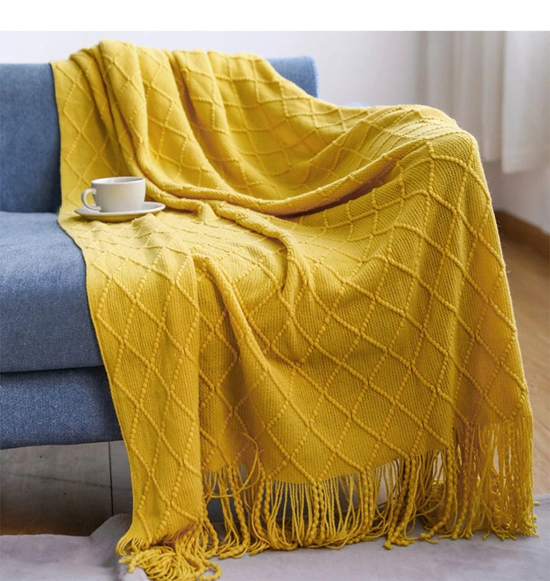 Nordic Knitted Throw Blanket with Tassels | Boho Home Decor