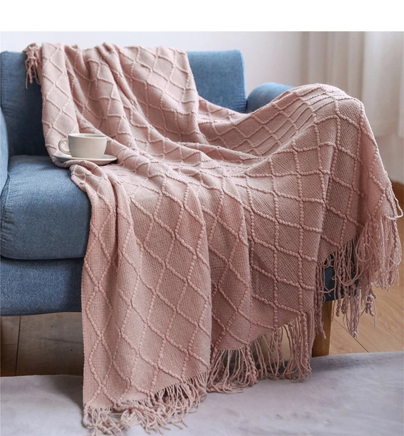 Nordic Knitted Throw Blanket with Tassels | Boho Home Decor
