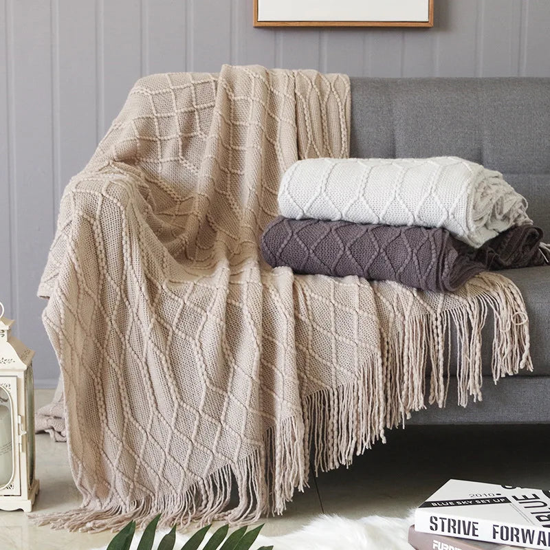 Nordic Knitted Throw Blanket with Tassels | Boho Home Decor