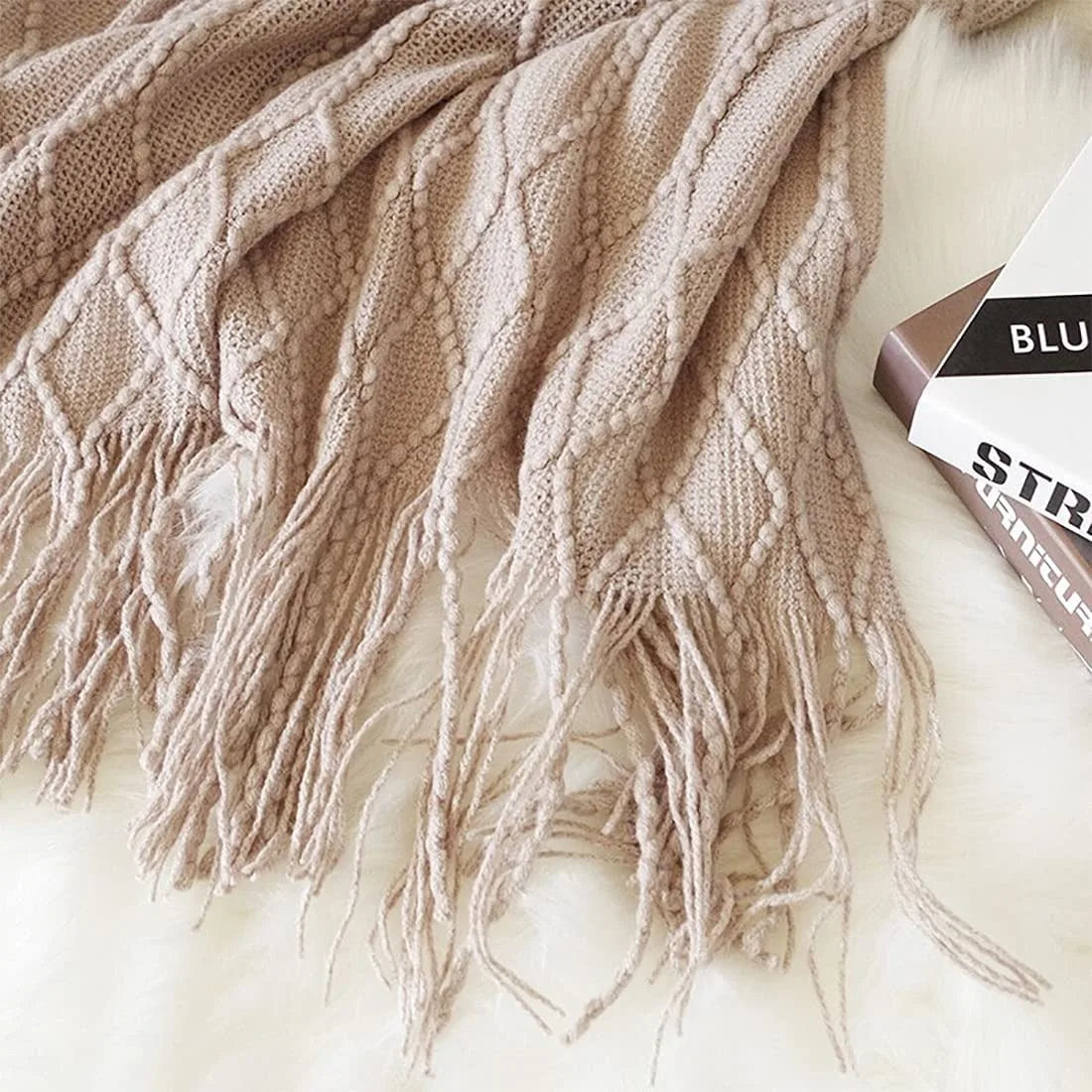 Nordic Knitted Throw Blanket with Tassels | Boho Home Decor