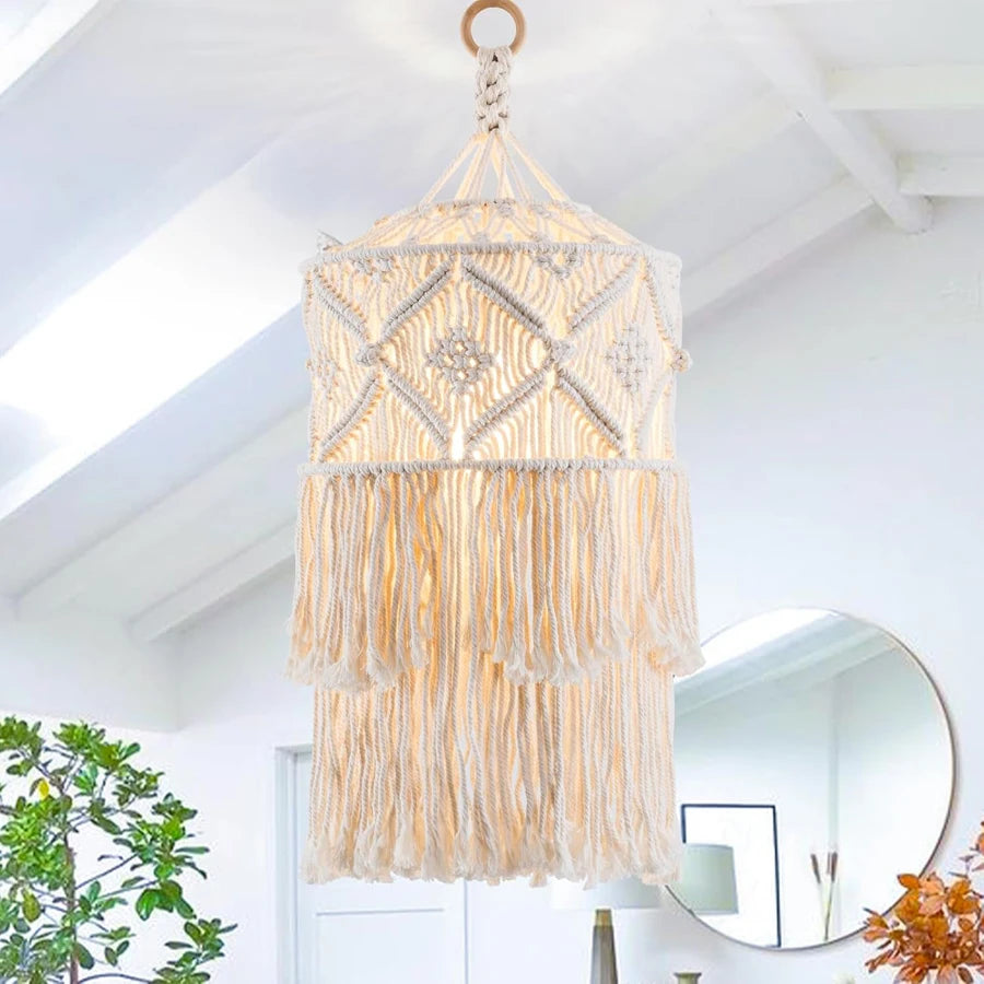 Boho Macrame Pendant Lamp Shade | Handknitted Vintage Ceiling Light Cover