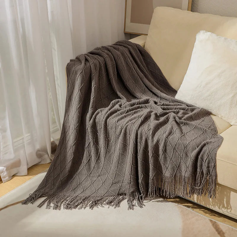 Nordic Knitted Throw Blanket with Tassels | Boho Home Decor