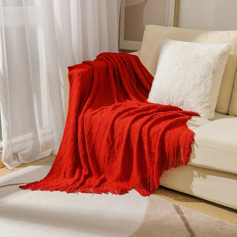 Nordic Knitted Throw Blanket with Tassels | Boho Home Decor