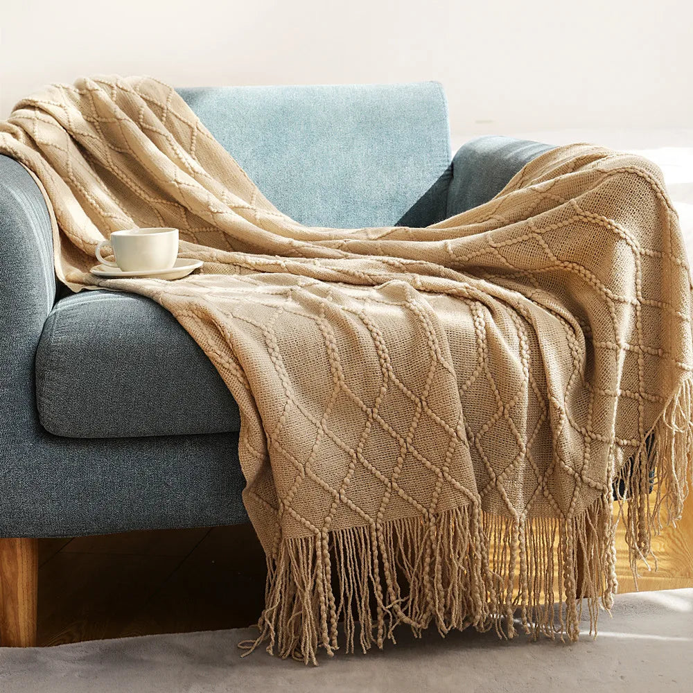 Nordic Knitted Throw Blanket with Tassels | Boho Home Decor
