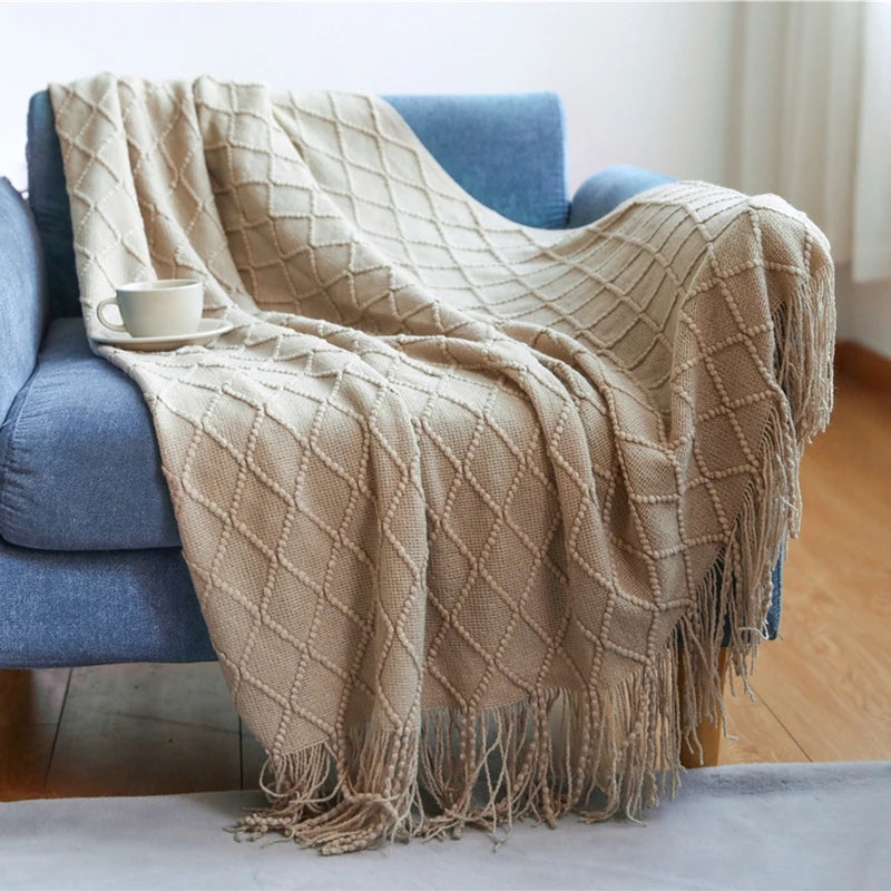 Nordic Knitted Throw Blanket with Tassels | Boho Home Decor