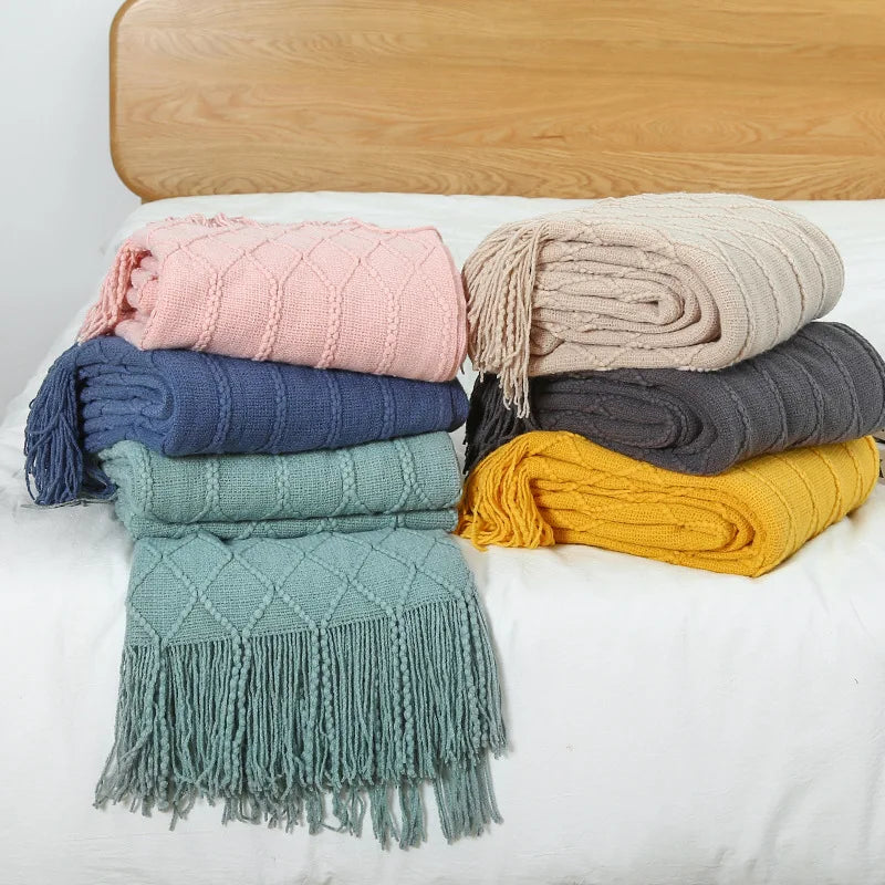 Nordic Knitted Throw Blanket with Tassels | Boho Home Decor