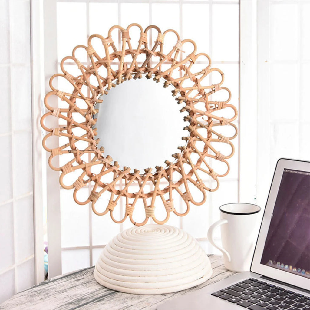 Boho Rattan Sunflower Wall Mirror | 16" Circular Hanging Mirror