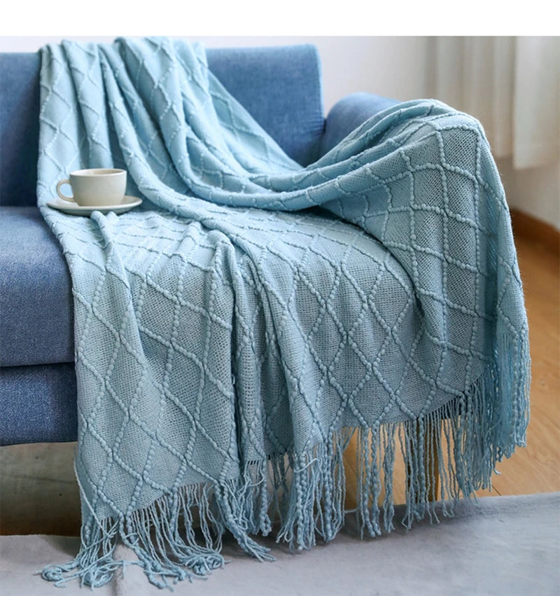 Nordic Knitted Throw Blanket with Tassels | Boho Home Decor