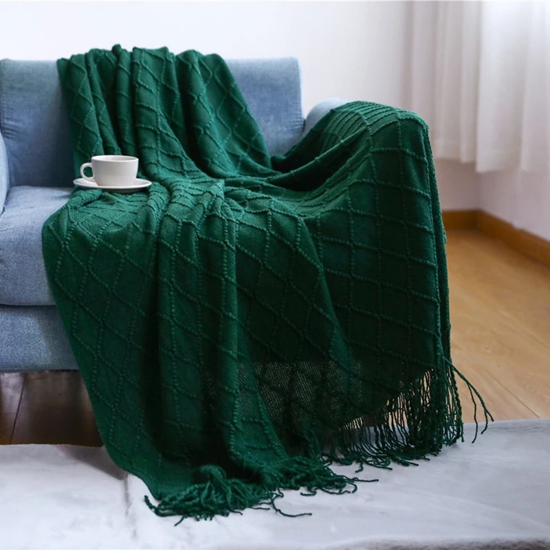 Nordic Knitted Throw Blanket with Tassels | Boho Home Decor