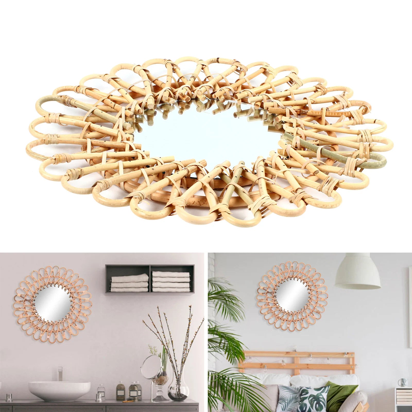 Boho Rattan Sunflower Wall Mirror | 16" Circular Hanging Mirror