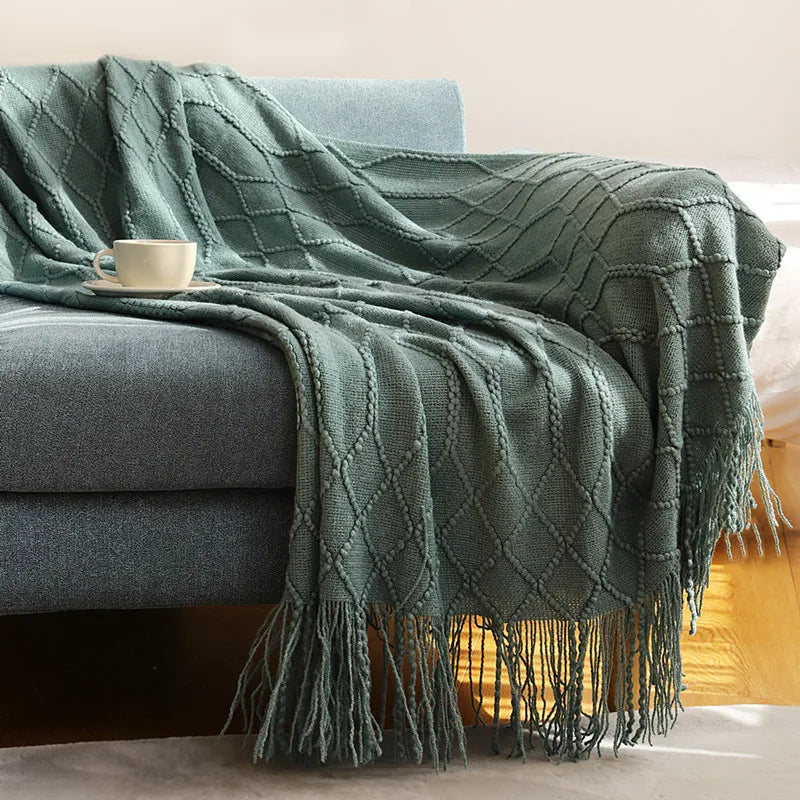 Nordic Knitted Throw Blanket with Tassels | Boho Home Decor