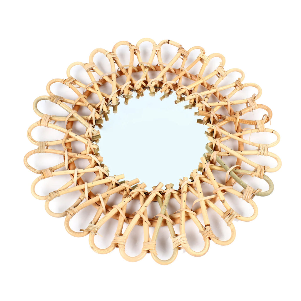 Boho Rattan Sunflower Wall Mirror | 16" Circular Hanging Mirror