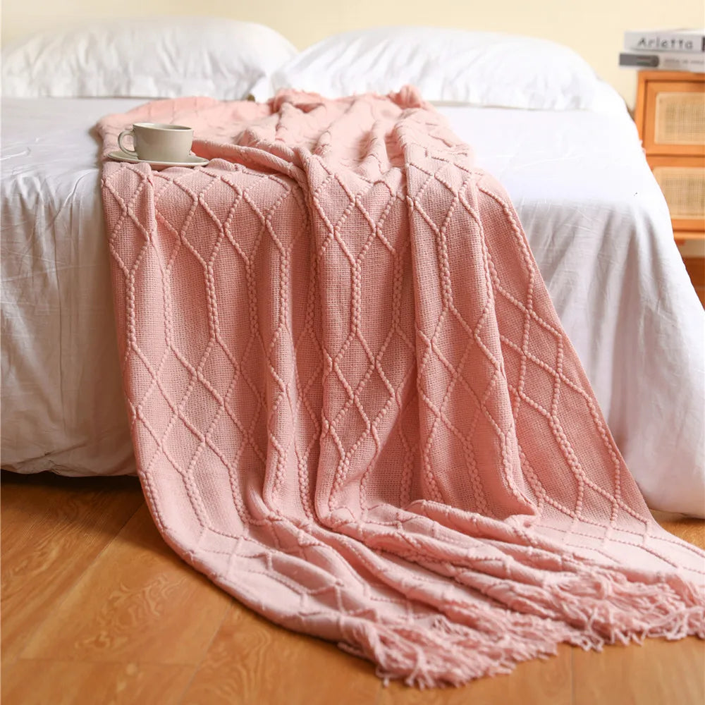 Nordic Knitted Throw Blanket with Tassels | Boho Home Decor
