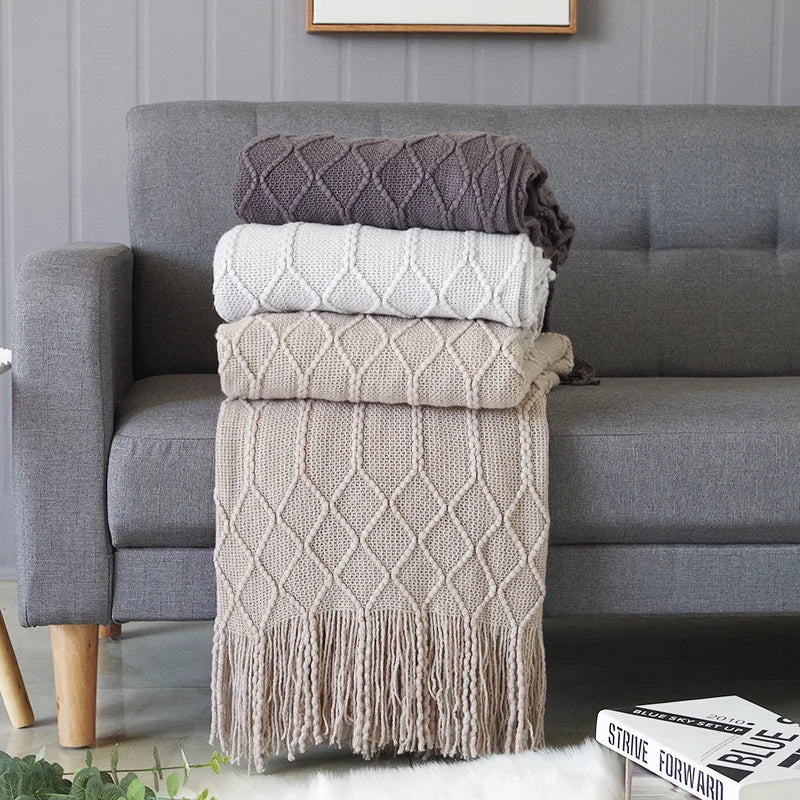 Nordic Knitted Throw Blanket with Tassels | Boho Home Decor