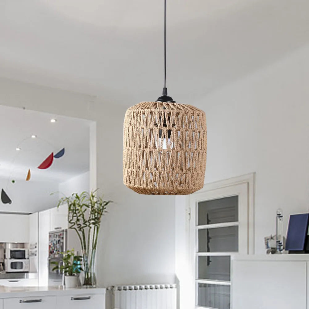 Boho Rattan Pendant Lamp Shade – Handwoven Wicker Ceiling Light Cover for Living Room Bedroom