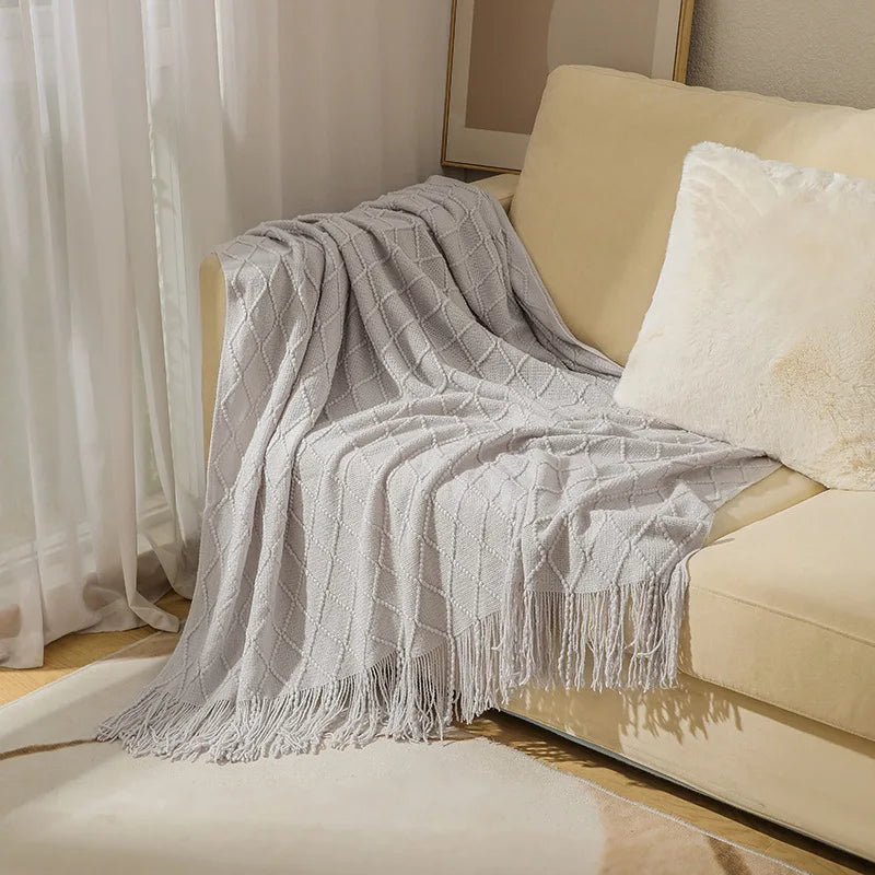 Nordic Knitted Throw Blanket with Tassels | Boho Home Decor