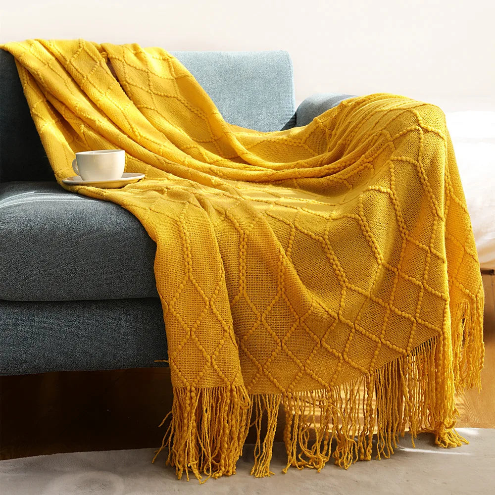 Nordic Knitted Throw Blanket with Tassels | Boho Home Decor
